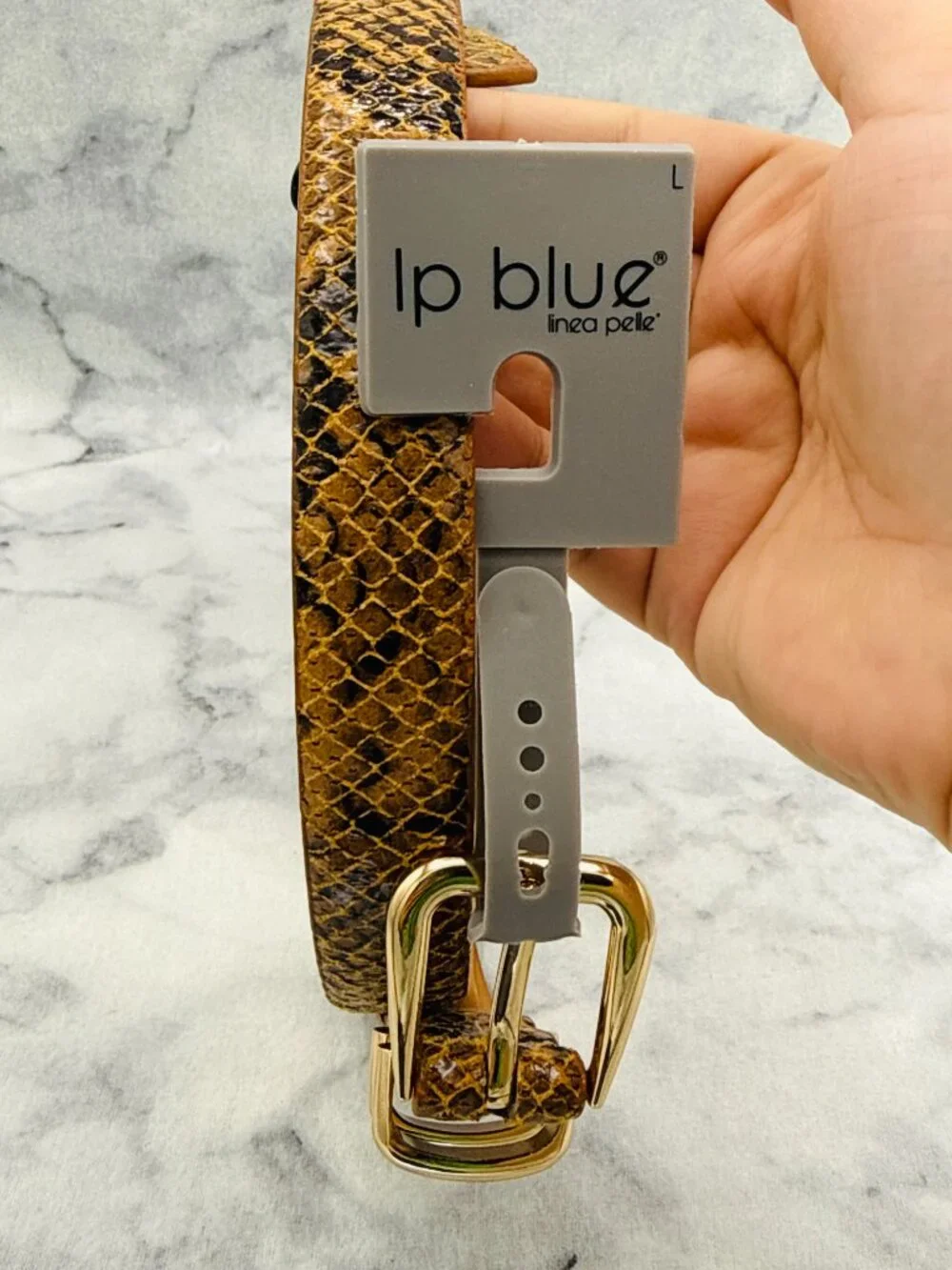 LP Blue Snake Print Belt Caramel Animal Print Gold Buckle 1.5in Width,Size L,NEW - Picture 4 of 11